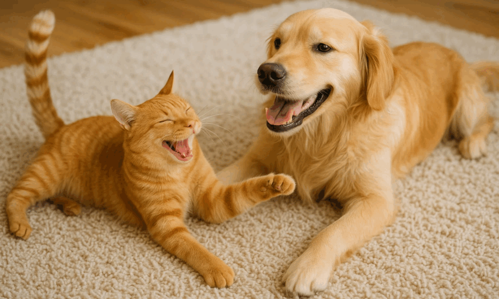 Playful cat and dog on clean floor after removing dog and cat pee on carpet